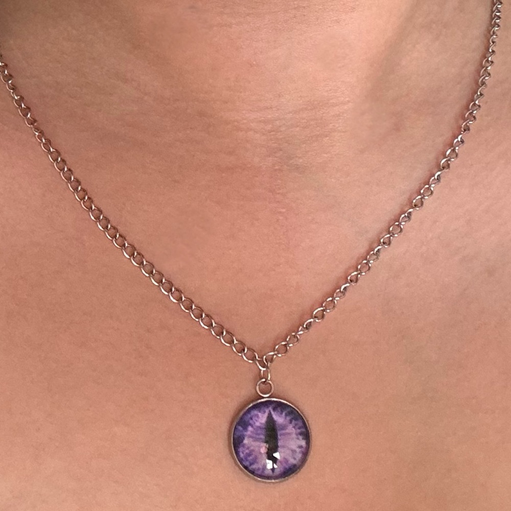 Purple Mythical Creature Eye Silver Stainless Steel Chain Necklace